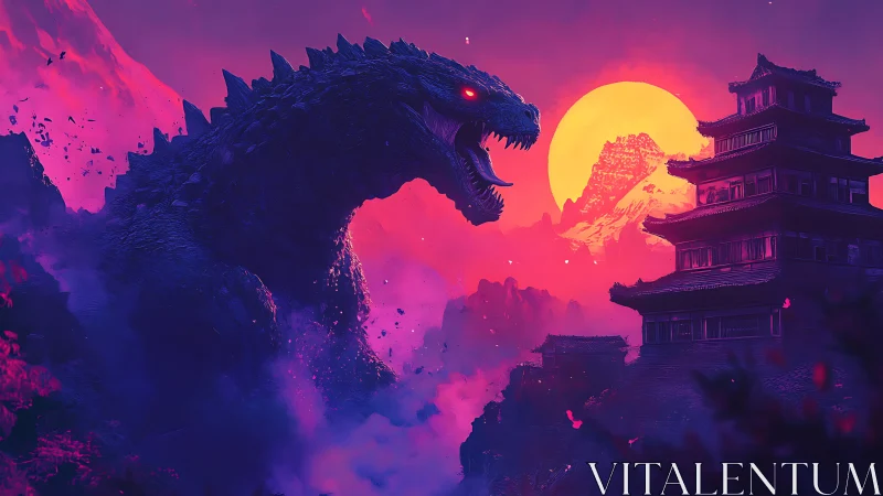 Colossal monster roars over neon-lit temple at sunset.