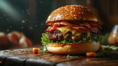 Close-up of cheeseburger with bacon on rustic wooden board.