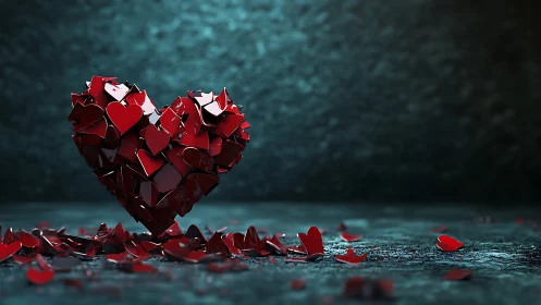 Red geometric heart sculpture fragments on teal surface