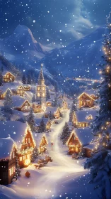 Snow-covered alpine village with illuminated buildings at night.