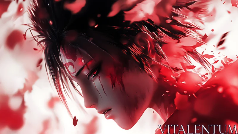 Profile of marked anime warrior amid red particle fragments.