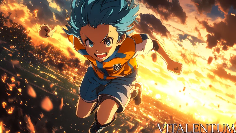 Dynamic anime runner against cinematic sunset skyline field.