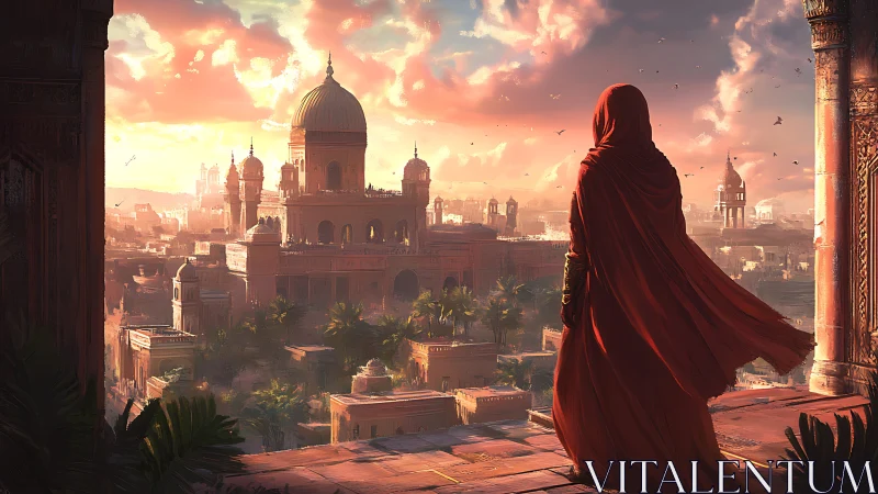 Sunset cloaked traveler gazes over a golden desert city