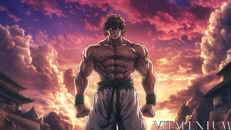 Storm-shouldered warrior crowns the sunset dojo sky