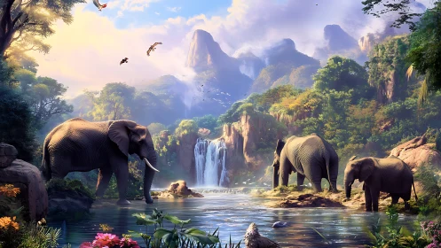 Elephants at lithic cascade basin under atmospheric perspective.