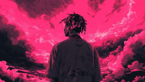 Silhouetted figure facing magenta cloud-filled sky at dusk.