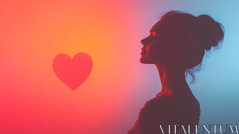 Silhouette Profile with Red Heart Against Gradient.
