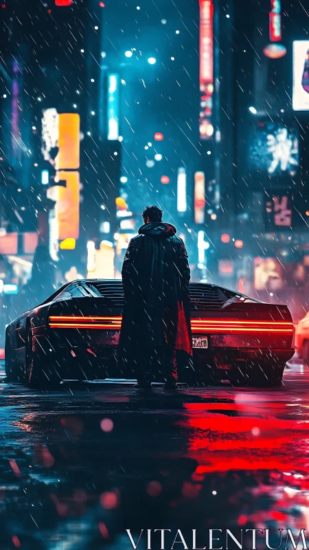 Neon rain crowns a lone driver poised beside his future