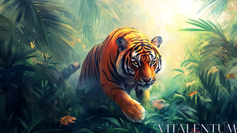 Golden jungle tiger steps softly through glowing forest