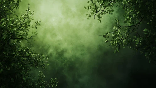 Verdant canopy branches framing soft atmospheric green mist
