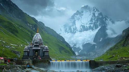 Mountain temple and waterfall cradled in misty green valley.