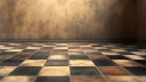 Weathered checkered floor in warm, cinematic lighting.