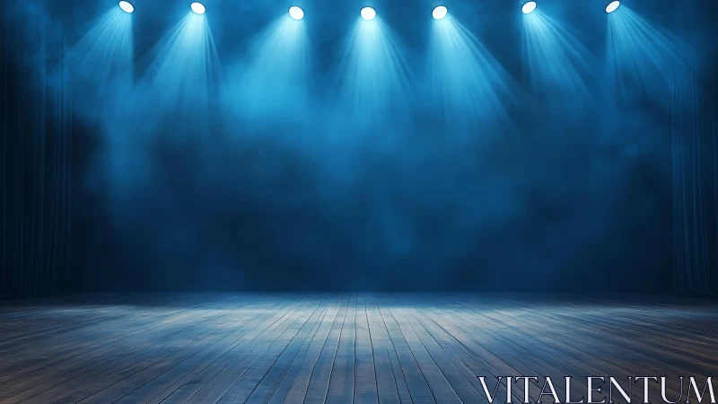 Empty theater stage under cool blue spotlight haze.