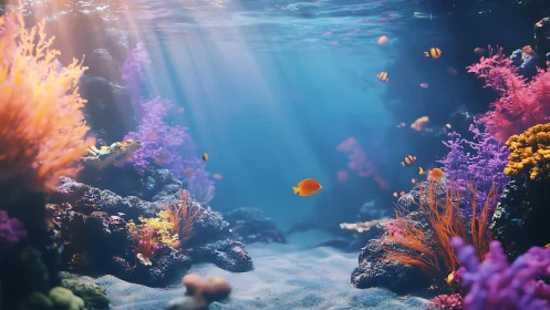 Sunlit coral canyon where neon reefs cradle drifting fish.