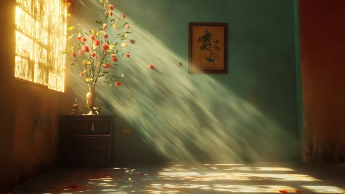 Golden morning light pours gently across a quiet floral room