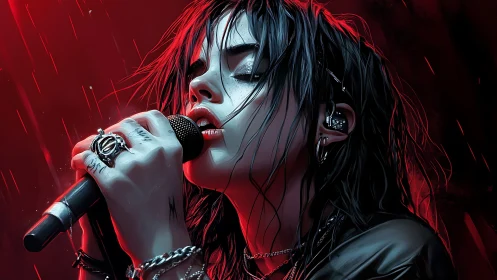 Stormlit punk singer in crimson rain, digital portrait.