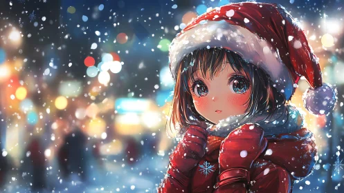Snowy city night wraps a shy girl in sparkling holiday glow