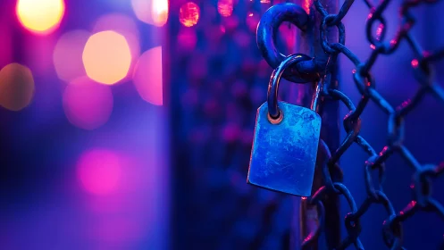 Metal padlock grips chain under neon purple bokeh glow.