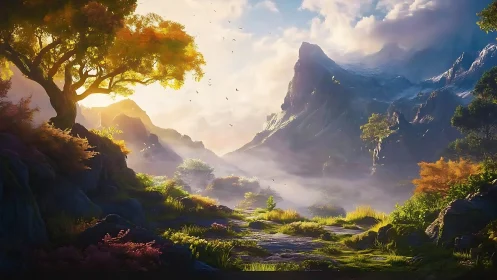 Luminous mountain valley at sunrise with glowing foliage.