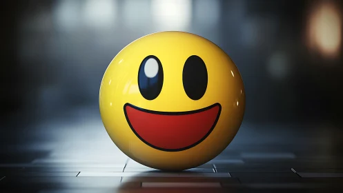 Photorealistic glossy smiley sphere on defocused tiled floor