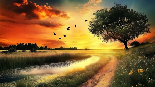 Radiant sunset over river bend with silhouetted birds in flight.