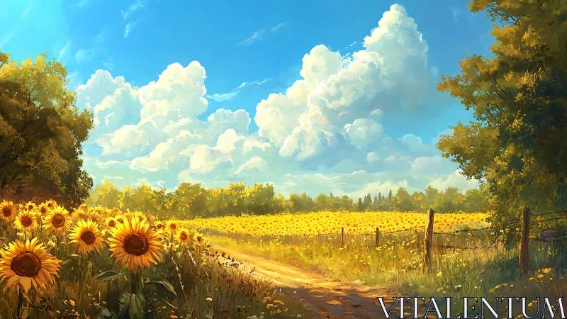 Golden sunflowers brighten a peaceful country path