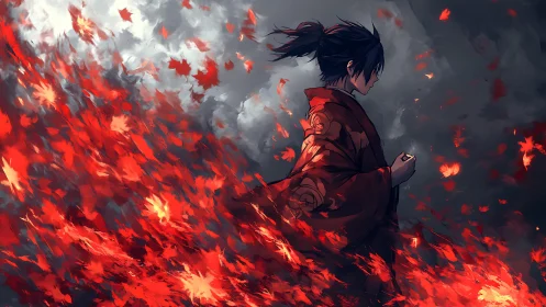 Digital painting of lone warrior amid cascading scarlet leaves.