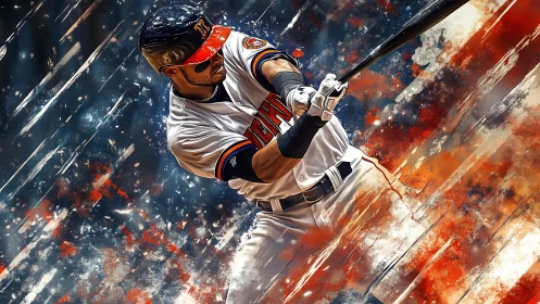 Power hitter swings through dynamic abstract color field.