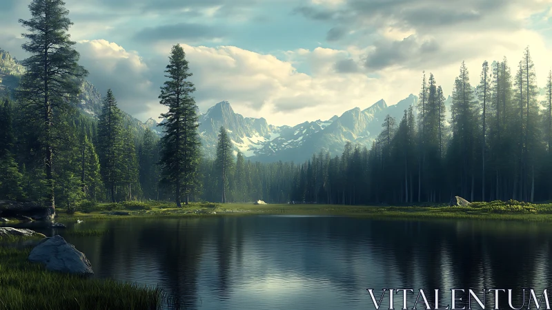 Mountain lake with dense conifer forest and calm water.