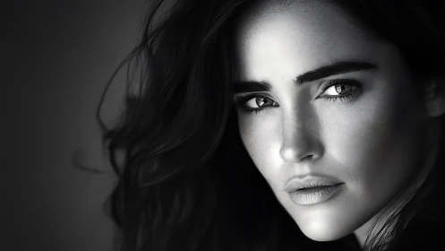 Monochrome close portrait of woman with intense gaze.