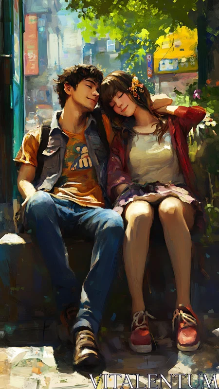 Young couple sits close together on sunlit city steps