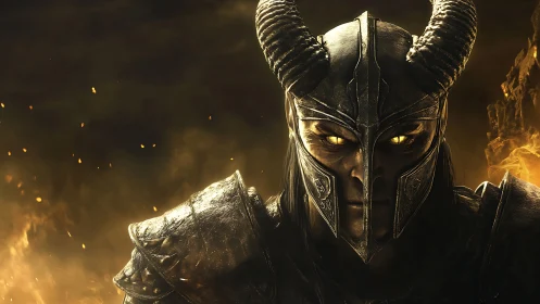 Horned demon knight portrait in molten fire glow.