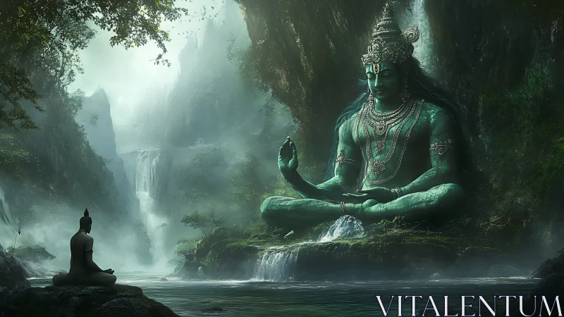 Mystic river meditation with serene emerald forest deity.