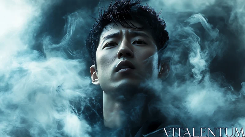 Mystical portrait of solitary man emerging through vapor.