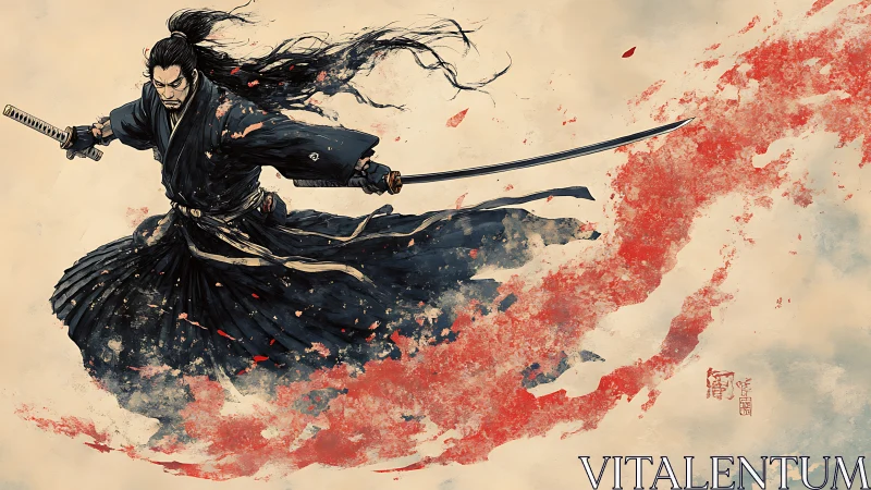 Kinetic samurai slash with ink-splatter fluid dynamics study.