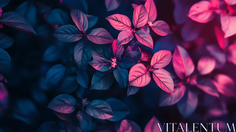Neon-lit foliage in cinematic magenta and teal glow.