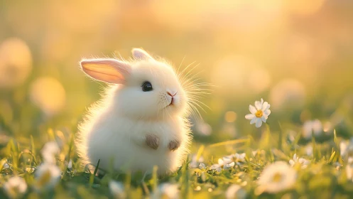 Fluffy baby bunny rests in glowing spring meadow at dawn.