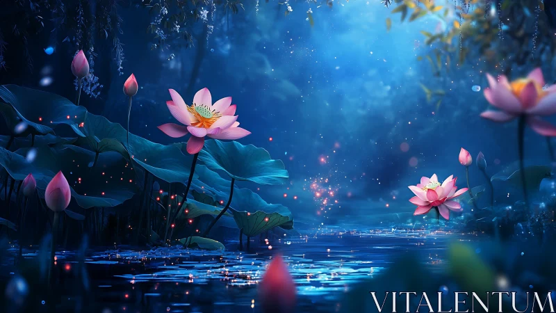 Lotus flowers and pond surface rendered in luminous blue light