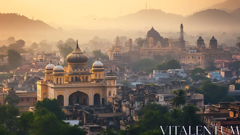 Golden sunrise light bathes domed temple above hazy city