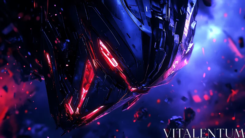 Fragmented robotic head with red lights in space field.