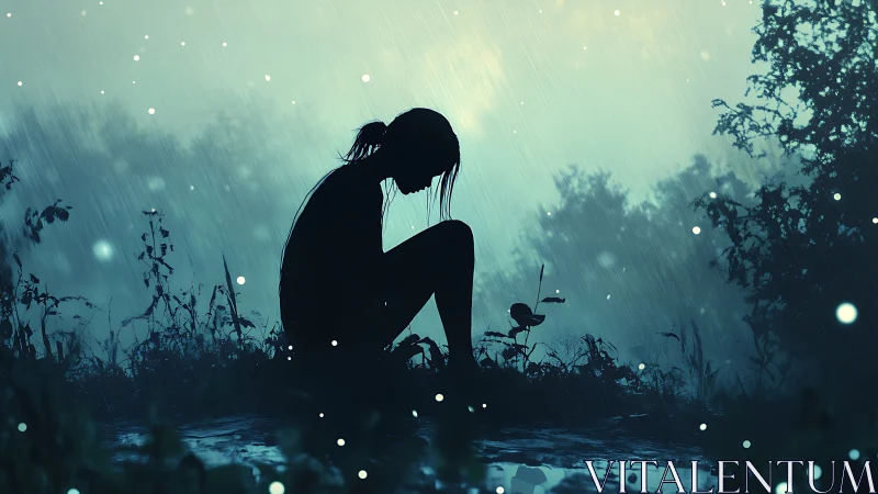 Silhouette of seated figure in rain against blurred foliage