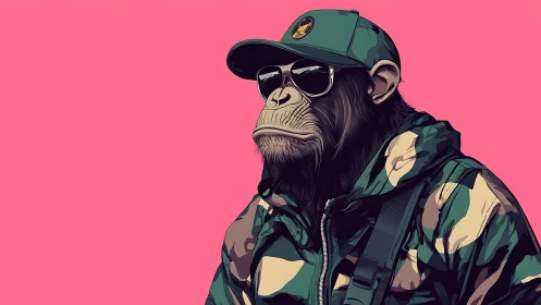 Stylized chimp portrait in camo streetwear on pink field.