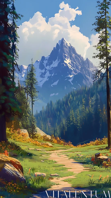 Mountain trail leads through sunlit forest toward snowy peak