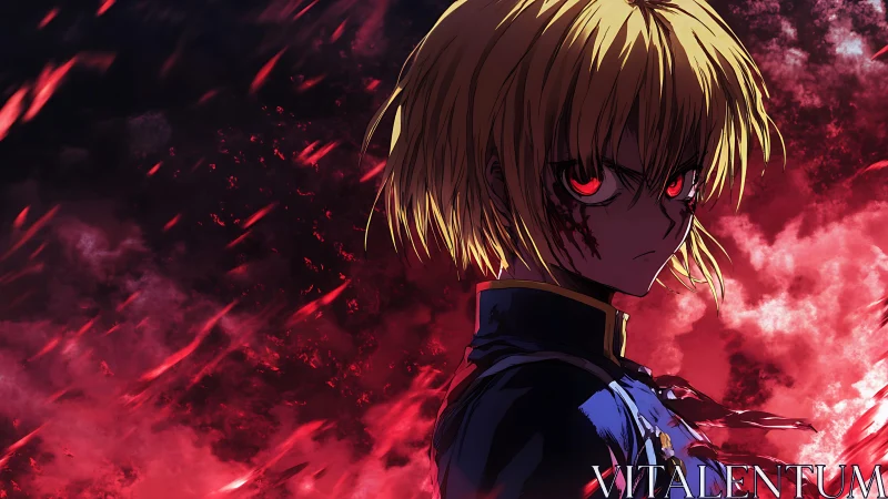 Vengeful anime warrior with glowing red eyes in flames.