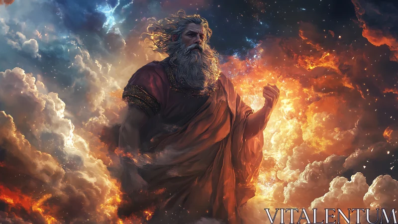 Storm-robed sky titan striding through molten clouds.