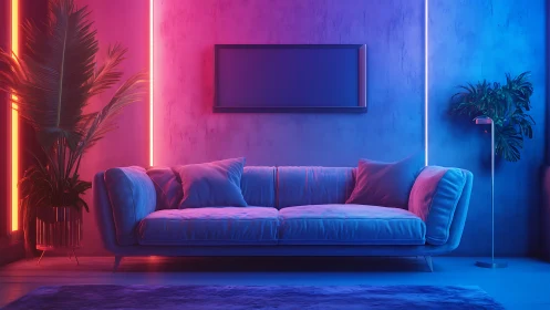 Neon-lit modern sofa scene shows mixed blue and magenta lighting