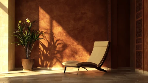Sunlit lounge chair quietly negotiates shadows with a plant