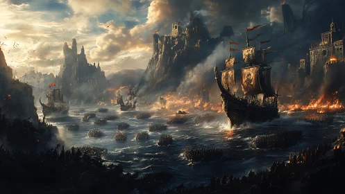 War galleons assault burning fortress coast under storm