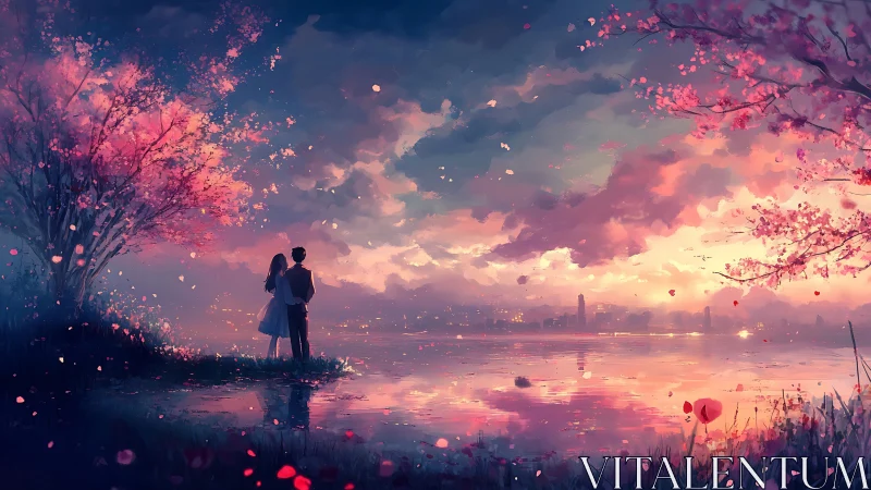 Couple Silhouetted Against Luminous Sunset Over Water