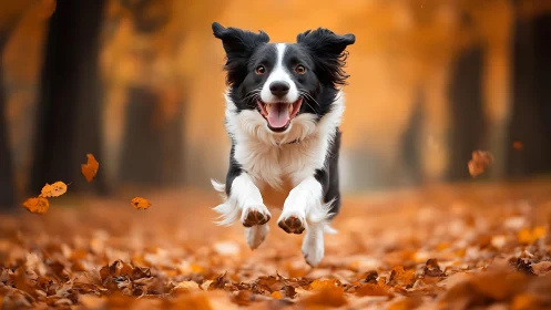 Border collie captured mid-run across autumn leaf ground